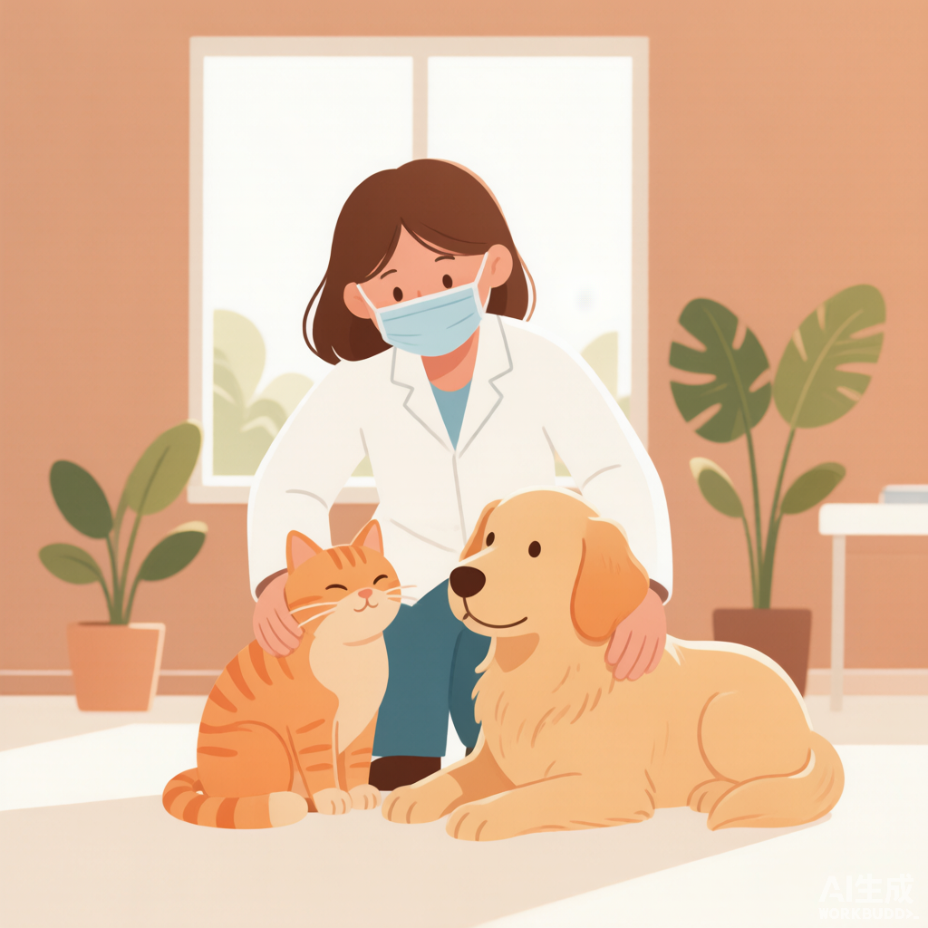 贝康宠物医院温馨诊疗场景插画：兽医轻抚橘猫与金毛犬